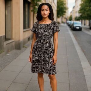 Merona Black Tan Beige Animal Print Midi Dress L